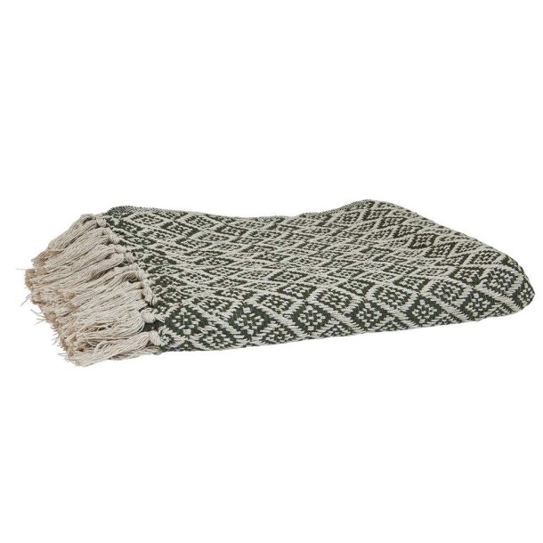 Plaid med frynser, Bomuld gr�n-natur